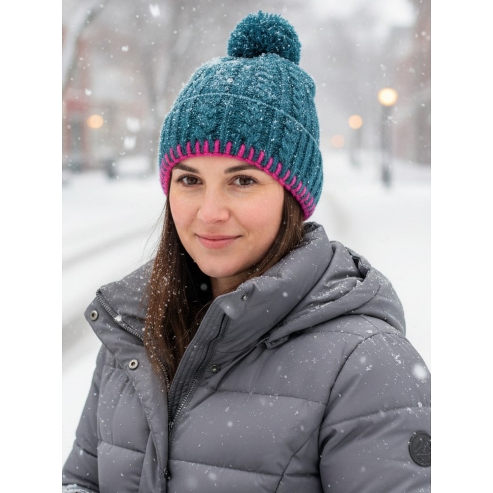Universal Thread Cable Knit Beanie Hat with Pom Teal & Magenta One Size